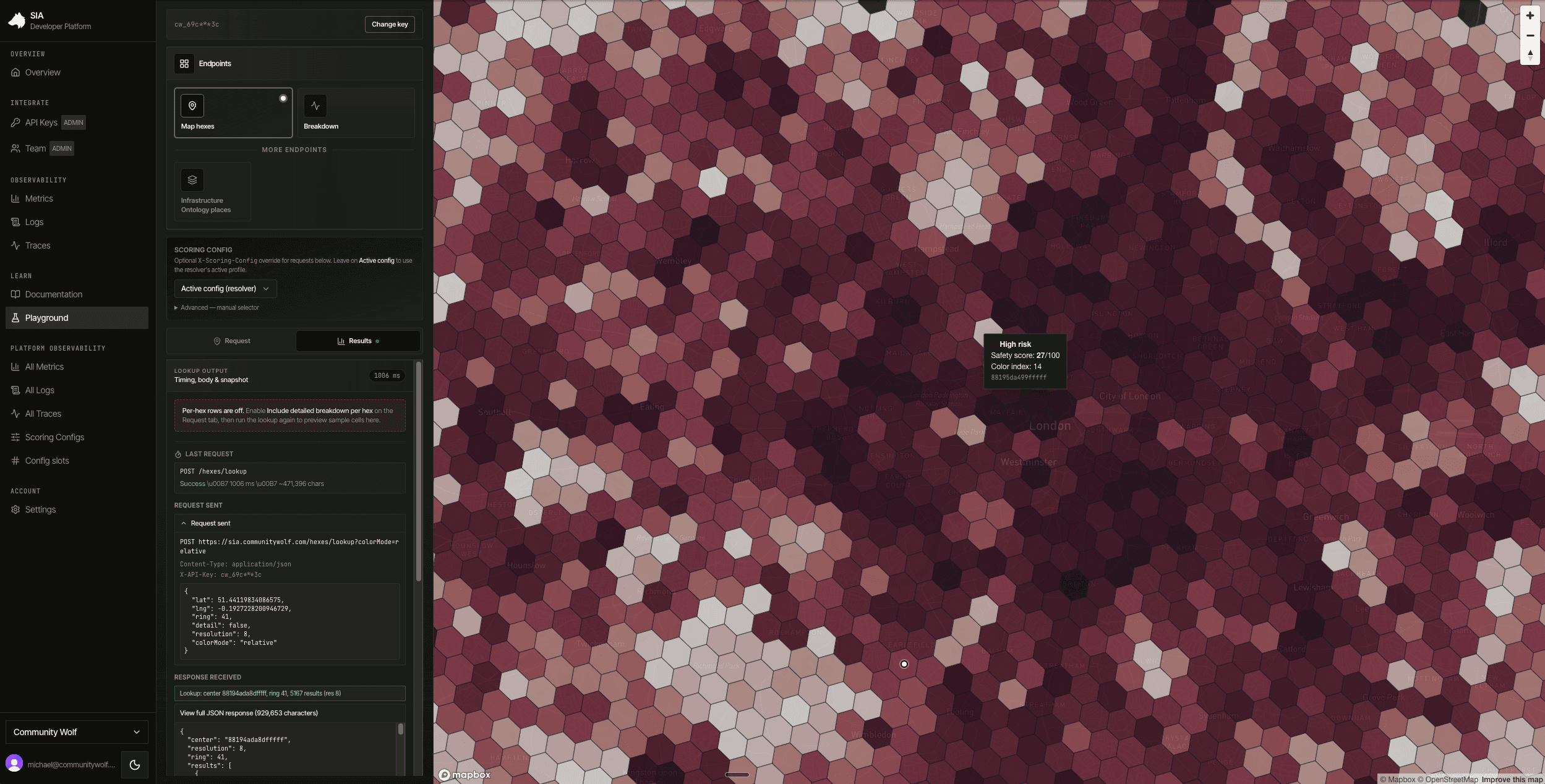 SIA playground in dark mode showing H3 safety cells on a map